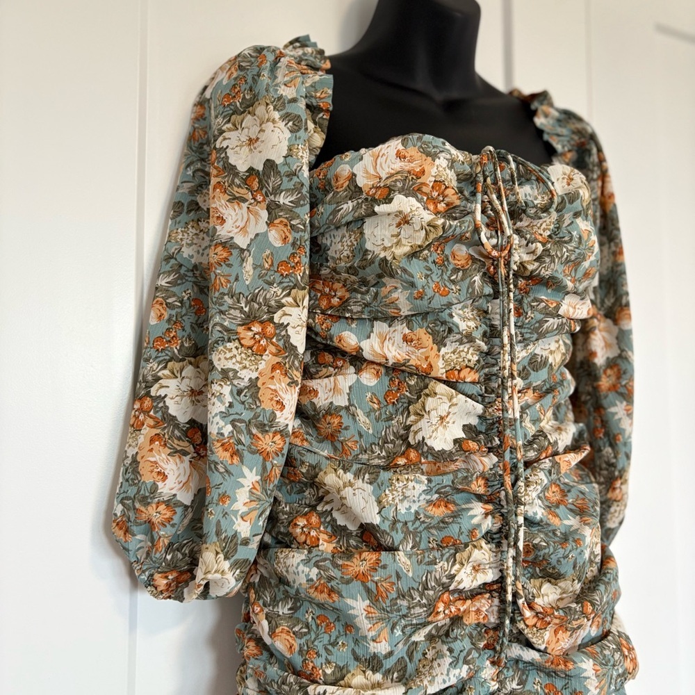 Hello Molly Basque Sage Floral Ruched Mini Dress Size Small - Picture 5 of 14
